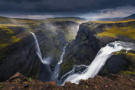 пейзаж, природа, водопад, каньон, река, темнота, облака, Исландия, HD обои HD wallpaper