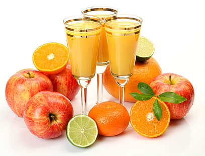assortiment de fruits et jus, feuilles, pommes, oranges, verres, jus, citron vert, fruits, Fond d'écran HD HD wallpaper