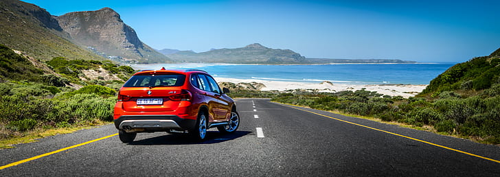 red crossover SUV on gray asphalt road near body of water during daytime, BMW X1, red, crossover SUV, gray, asphalt, road, body of water, daytime, BMW  X1, Sporty, Nikon, car, mountain, transportation, land Vehicle, travel, outdoors, landscape, speed, HD wallpaper