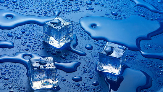 вода, синий, капля, кубик льда, жидкость, лед, капли, капли воды, тают, капли воды, HD обои HD wallpaper