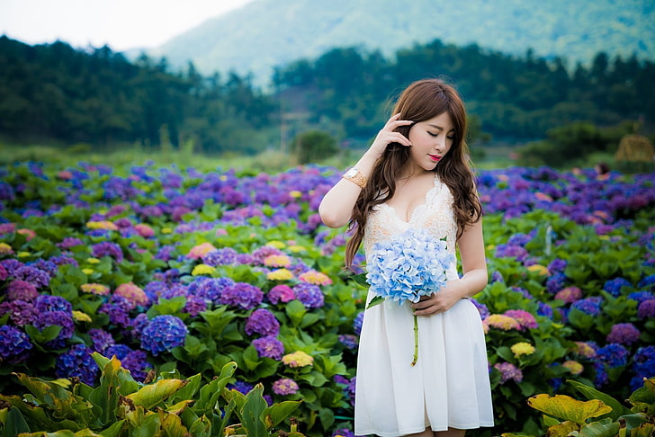 Women, Asian, Blue Flower, Brunette, Depth Of Field, Flower, Girl, Hydrangea, Lipstick, Model, Mood, Purple Flower, White Dress, Woman, HD wallpaper