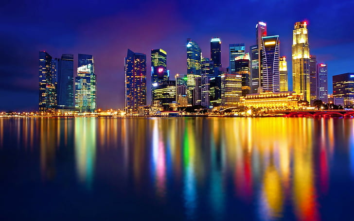 градски пейзаж, нощ, цветен, отражение, Сингапур, HD тапет