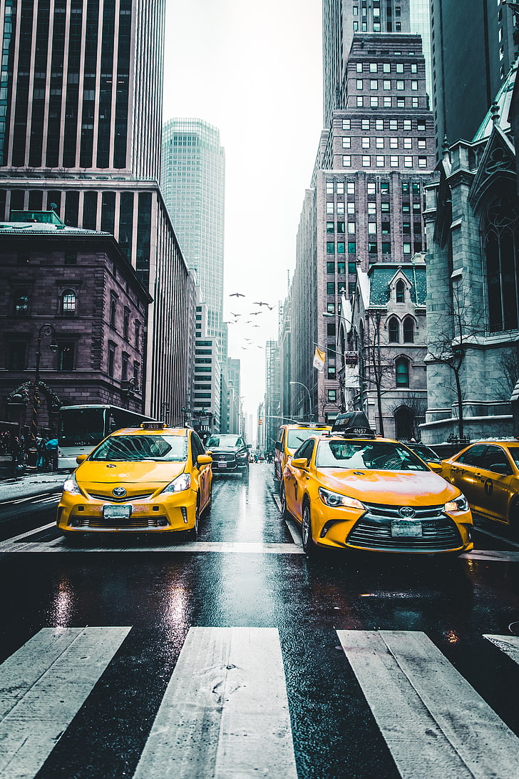 gul taxihytt, taxi, skyskrapor, stad, trafik, HD tapet, telefon tapet