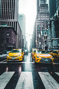 желтое такси, такси, небоскребы, город, трафик, HD обои HD wallpaper