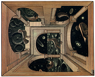 Ilustración de obras de arte en negro y gris, M. C. Escher, ilusión óptica, Fondo de pantalla HD HD wallpaper