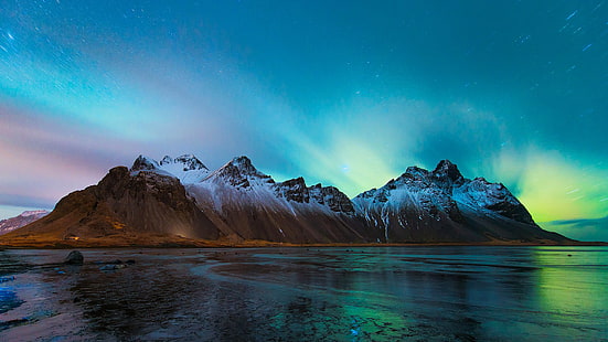 フィヨルド、星空、星、夜空、アイスランド、ストークスネス、ベストラホルン、ブルンホルン、エイストラホルン、山脈、ベストラホルン山、長時間露光写真、長時間露光、風景、山、オーロラ、極光、大気、空、 HDデスクトップの壁紙 HD wallpaper