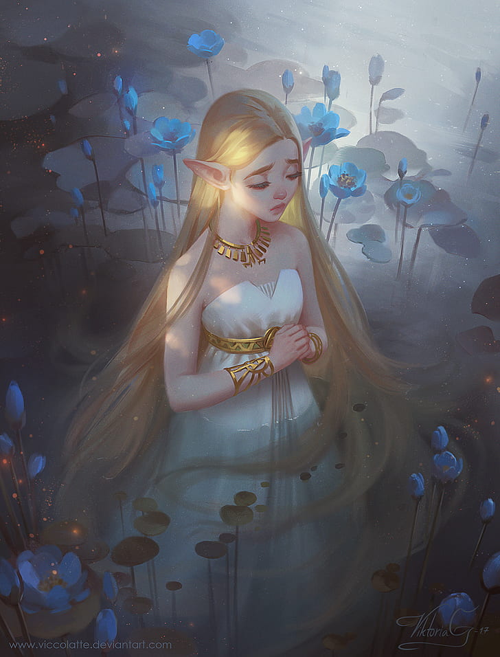 drawings, elves, fantasy, flowers, girls, nature, objects, sad, water, HD wallpaper