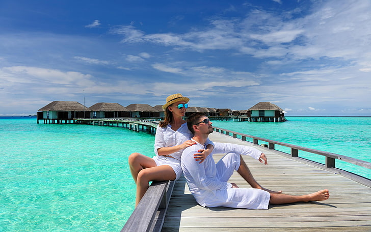 Свадебное путешествие Тропический пляж на Мальдивах Романтическая влюбленная пара фото обои Hd 3840 × 2400, HD обои