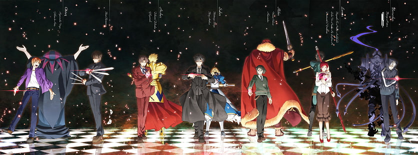 grupp av kvinnliga och manliga animerade karaktärstapet, Fate / Zero, Saber, Kiritsugu Emiya, Rider (Fate / Zero), Archer (Fate / Stay Night), Lancer (Fate / Zero), Berserker (Fate / Zero), HD tapet HD wallpaper