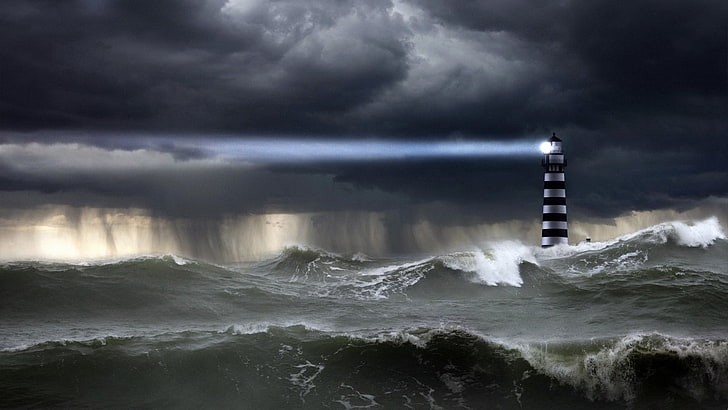 ilustração de farol branco e preto, o oceano, o céu, elemento, onda, chuva, o chuveiro, farol, raio, nuvens, luz, tempestade, HD papel de parede
