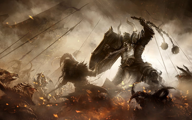 Illustrazione del gioco di Guild Wars 2, Diablo III, Diablo, videogiochi, fantasy art, arte digitale, guerriero, Crusader (Diablo), Sfondo HD