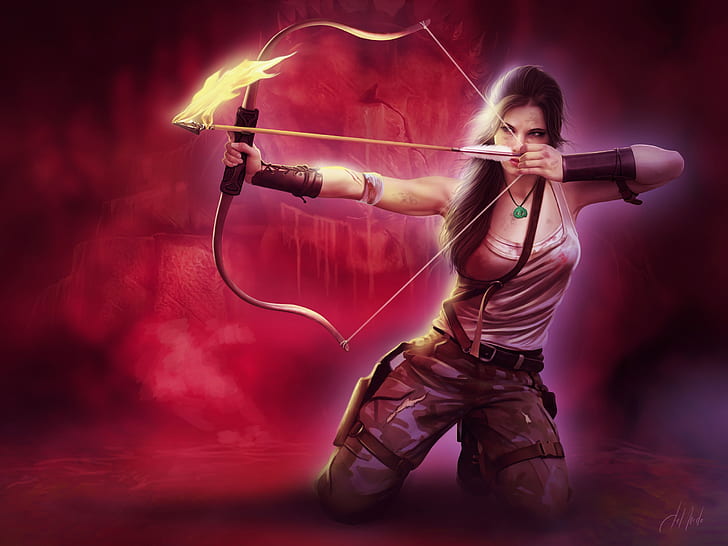 Lara Croft, Tomb Raider, beautiful girl, bow, arrow, fire, woman with long bow and arrows game character, Lara, Croft, Tomb, Raider, Beautiful, Girl, Bow, Arrow, Fire, HD wallpaper
