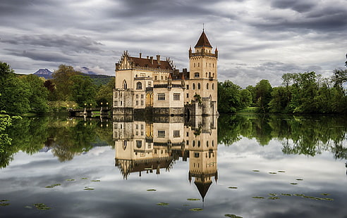 alberi, lago, castello, austria, salisburgo, castello anif, Sfondo HD HD wallpaper