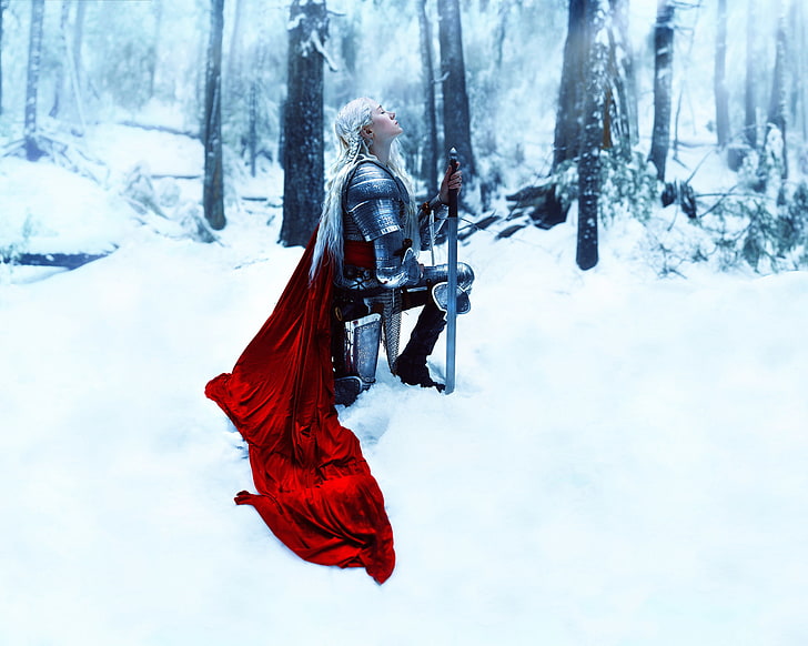 girl, snow, sword, armor, Kindra Nikole, Nimiane, HD wallpaper