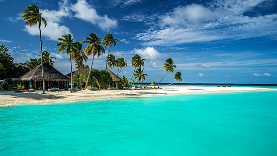 тропици, денем, курорт, лагуна, вода, бряг, остров, Индийски океан, небе, Карибите, Малдиви, ваканция, тюркоаз, палма, палми, палмово дърво, океан, слънце, плаж, HD тапет HD wallpaper