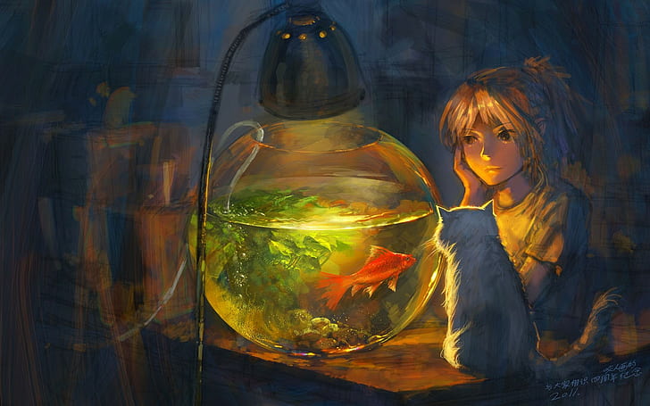 Рисуване на Goldfish Cat Fish Tank HD, рисуване на момиче, взиращо се в купа за риби до котка на дървена маса, цифрово / произведение на изкуството, рисунка, котка, риба, резервоар, златна рибка, HD тапет