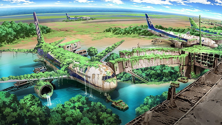 airliner on body of water illustration, two airplane painting, apocalyptic, airplane, nature, anime, aircraft, drawing, HD wallpaper