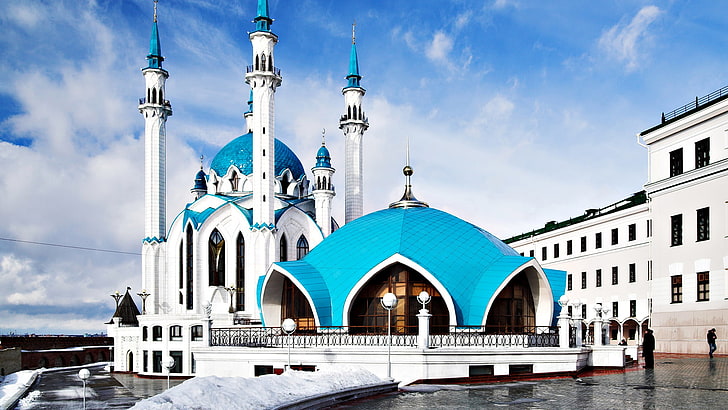 Catedral de concreto de cúpula branca e azul, área, mesquita, Kazan, HD papel de parede