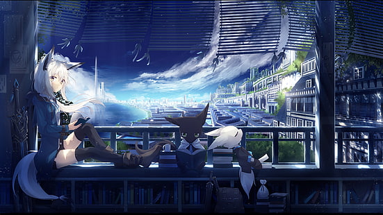 Oberschenkel, Schwanz, Anime Girls, Tierohren, Anime, gelbe Augen, Nekomimi, langes Haar, weißes Haar, HD-Hintergrundbild HD wallpaper