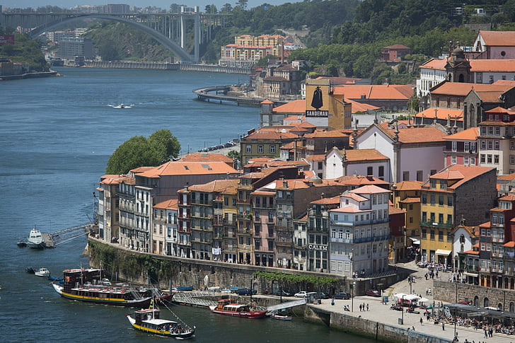 都市、ポルト、ボート、橋、都市、家、ポルトガル、川、屋上、 HDデスクトップの壁紙