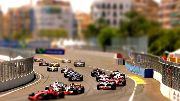 banyak mobil F1 berwarna, balap Formula 1, balap, tilt shift, mobil balap, Formula 1, Wallpaper HD