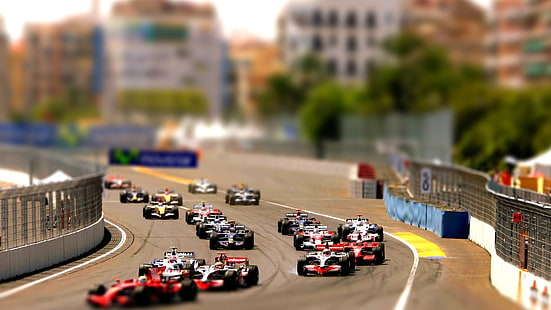 blandad F1-bilparti, Formel 1-race, racing, tilt shift, racerbilar, Formel 1, HD tapet HD wallpaper