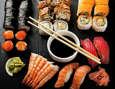 Еда, суши, палочки для еды, рыба, рис, морепродукты, HD обои HD wallpaper