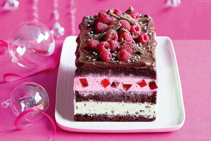 ice cream, Cake, raspberry, chocolate, berries, pink, HD wallpaper