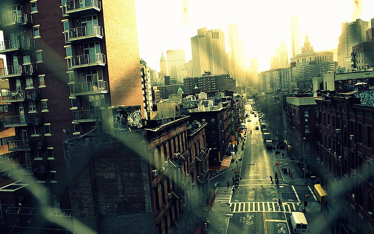 betongbyggnad digital tapet, väg, urban, stad, arkitektur, fotografi, skyskrapa, stadsbild, staket, New York City, gata, solljus, HD tapet