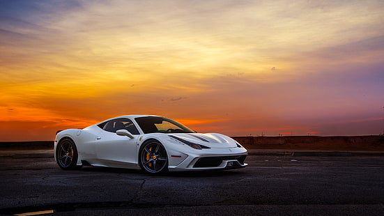 white coupe, Ferrari, Sky, 458, Sunset, White, Italia, Supercar, Speciale, HD wallpaper HD wallpaper