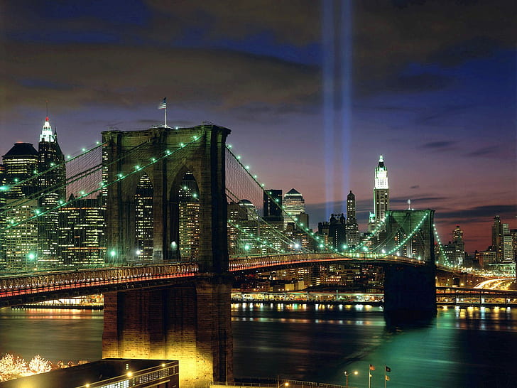 Tribute in Light, New York City HD, สะพานบรูคลิน, โลก, แสง, ใหม่, เมือง, ยอร์ก, ใน, ท่องเที่ยว, การเดินทางและโลก, บรรณาการ, วอลล์เปเปอร์ HD