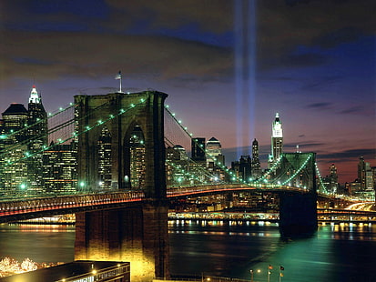 Tribute in Light, New York City HD, สะพานบรูคลิน, โลก, แสง, ใหม่, เมือง, ยอร์ก, ใน, ท่องเที่ยว, การเดินทางและโลก, บรรณาการ, วอลล์เปเปอร์ HD HD wallpaper