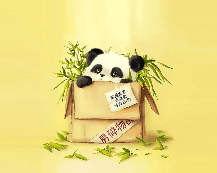 black and white panda illustration, box, panda, grass, paper, drawing, HD wallpaper