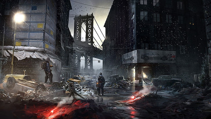 PC game digital wallpaper, Tom Clancy's The Division, apocalyptic, Tom Clancy's, video games, concept art, Manhattan, computer game, Brooklyn Bridge, New York City, HD wallpaper