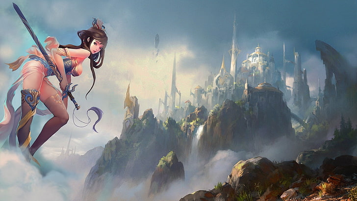 women paintings video games landscapes cityscapes fantasy art citadel drawings anime girls swords Abstract Fantasy HD Art , women, paintings, HD wallpaper