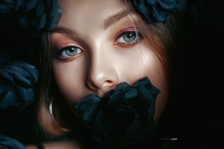 Александър Дробков, жени, брюнетка, грим, сенки за очи, очна линия, цветя, блясък, портрет, тъмно, HD тапет