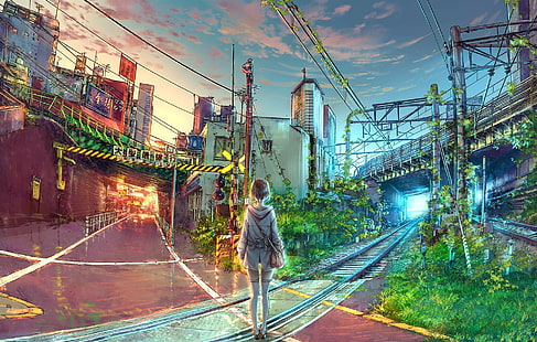 dessin, Yuumei, filles anime, anime, urbain, chemin de fer, paysage urbain, Fond d'écran HD HD wallpaper