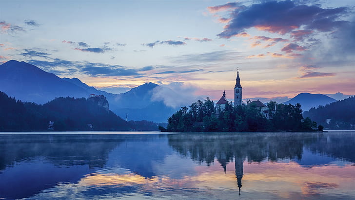 Jezioro Bled, Słowenia, Kościół Maryjski, świt, Jezioro, Bled, Słowenia, Maryjski, Kościół, Świt, Tapety HD