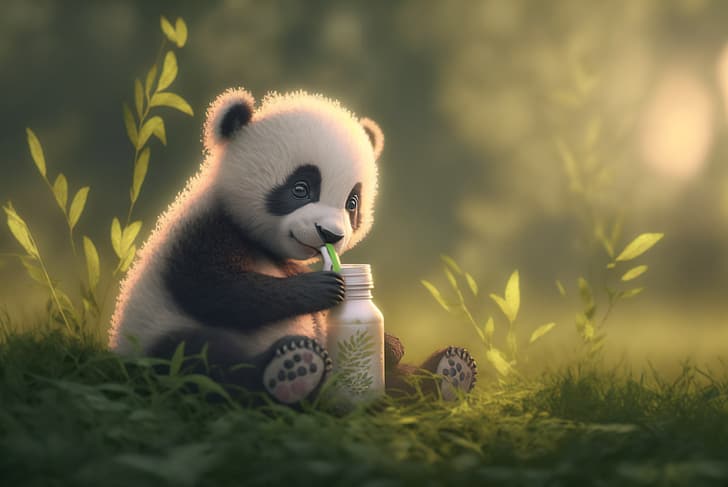 Seni AI, bayi binatang, panda, duduk, Wallpaper HD