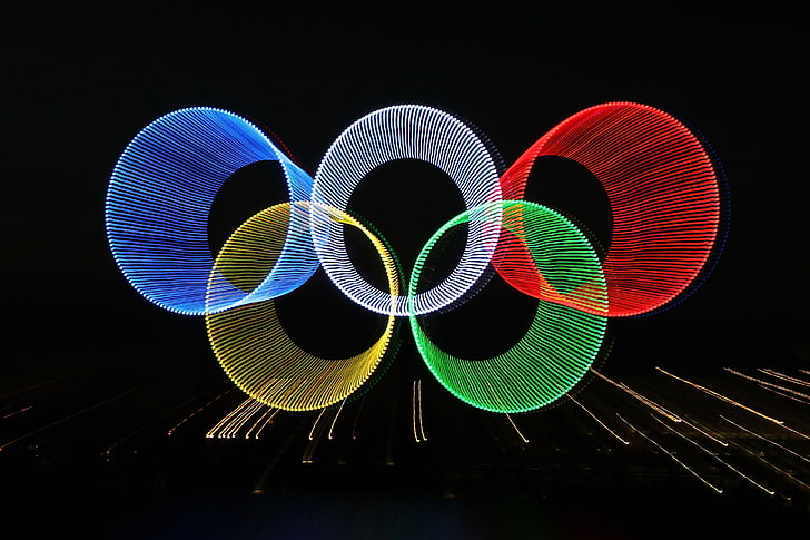 Olympic string art, rays, abstraction, lights, ring, Olympics, HD wallpaper
