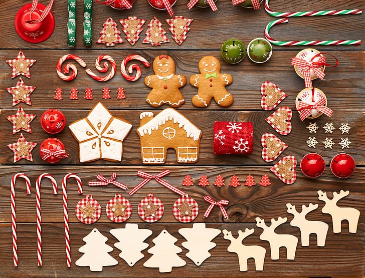 cookies, candy, merry christmas, decoration, gingerbread, bells, HD wallpaper
