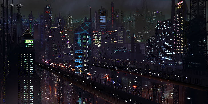 artwork, futuristic, city, night, :), HD wallpaper