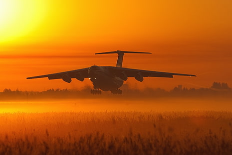 black airplane digital wallpaper, aircraft, orange, sunset, field, il-76, Russian Air Force, HD wallpaper HD wallpaper