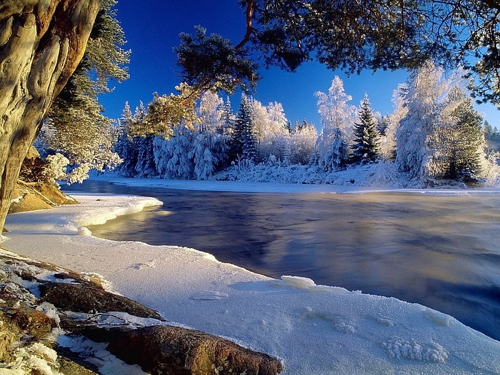 krajobraz, przyroda, zima, rzeka, lód, śnieg, drzewa, Tapety HD
