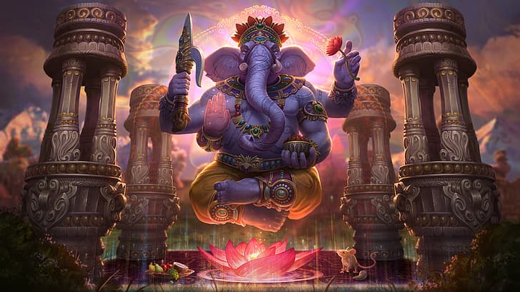religión, dioses, Ganesh, elefante, flores de loto, Fondo de pantalla HD