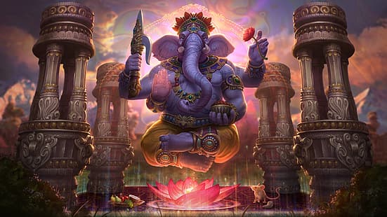 religión, dioses, Ganesh, elefante, flores de loto, Fondo de pantalla HD HD wallpaper