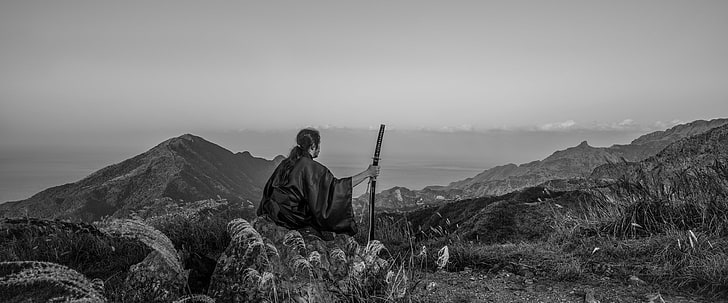 Ilustración de samurai, montañas, naturaleza, espada, katana, horizonte, samurai, macho, kimono, Fondo de pantalla HD