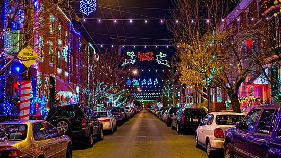 gece, Noel ışıkları, Şehir, aydınlatma, şehir merkezinde, dekor, sokak, Noel, Philadelphia, Pennsylvania, Amerika Birleşik Devletleri, HD masaüstü duvar kağıdı HD wallpaper