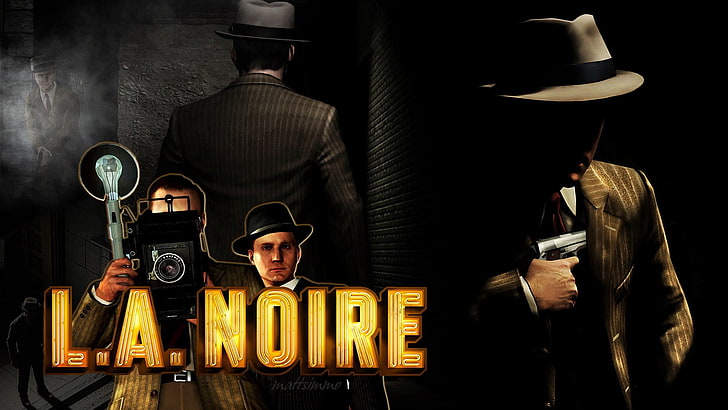 Plakat z gry L.A. Noire, la noire, mężczyzna, dziennikarze, tył, pistolet, Tapety HD