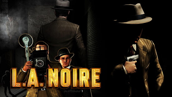 Plakat z gry L.A. Noire, la noire, mężczyzna, dziennikarze, tył, pistolet, Tapety HD HD wallpaper